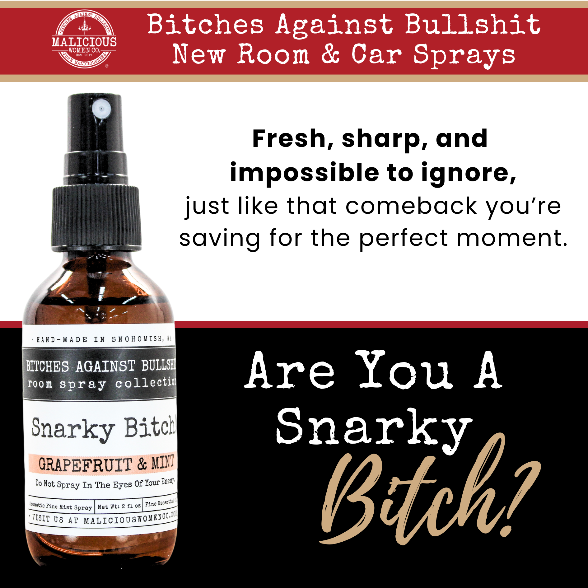 Malicious Women Candle CO. Room Spray and Car Spray- Snarky Bitch